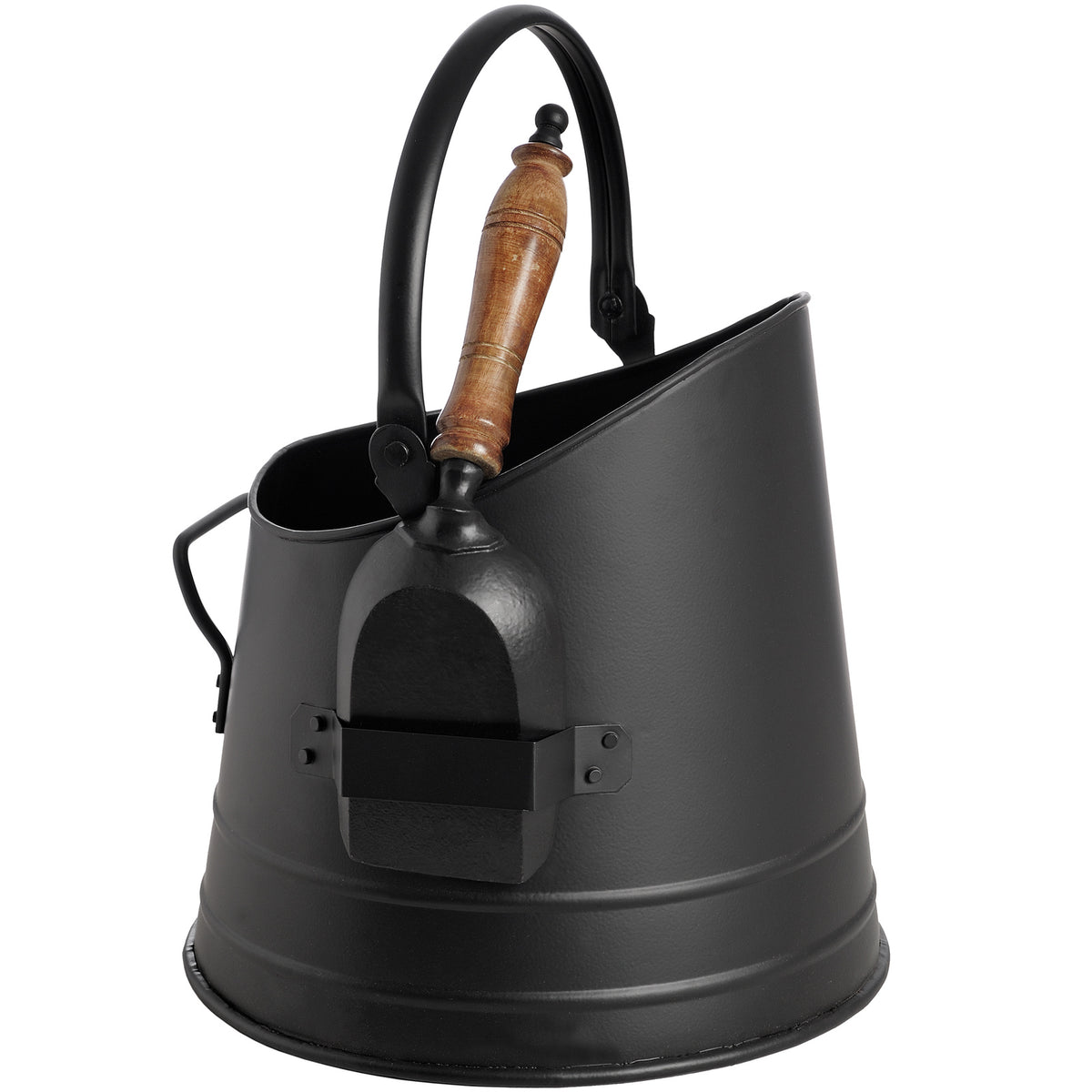 Black Coal Bucket with Teak Handle Shovel - Black