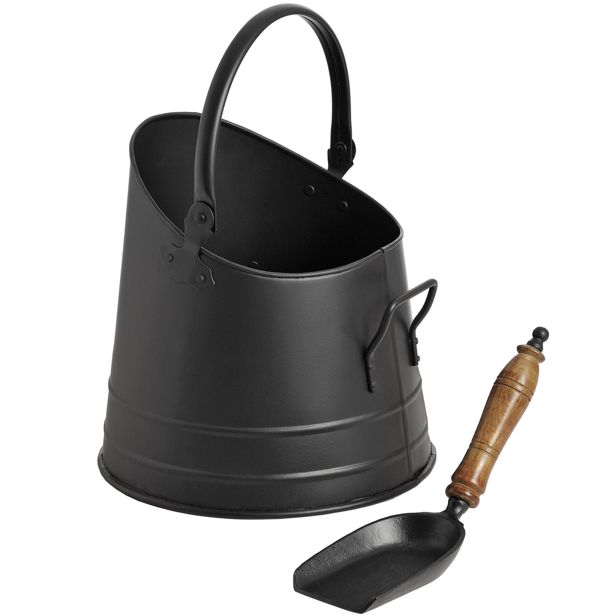 Black Coal Bucket with Teak Handle Shovel - Black