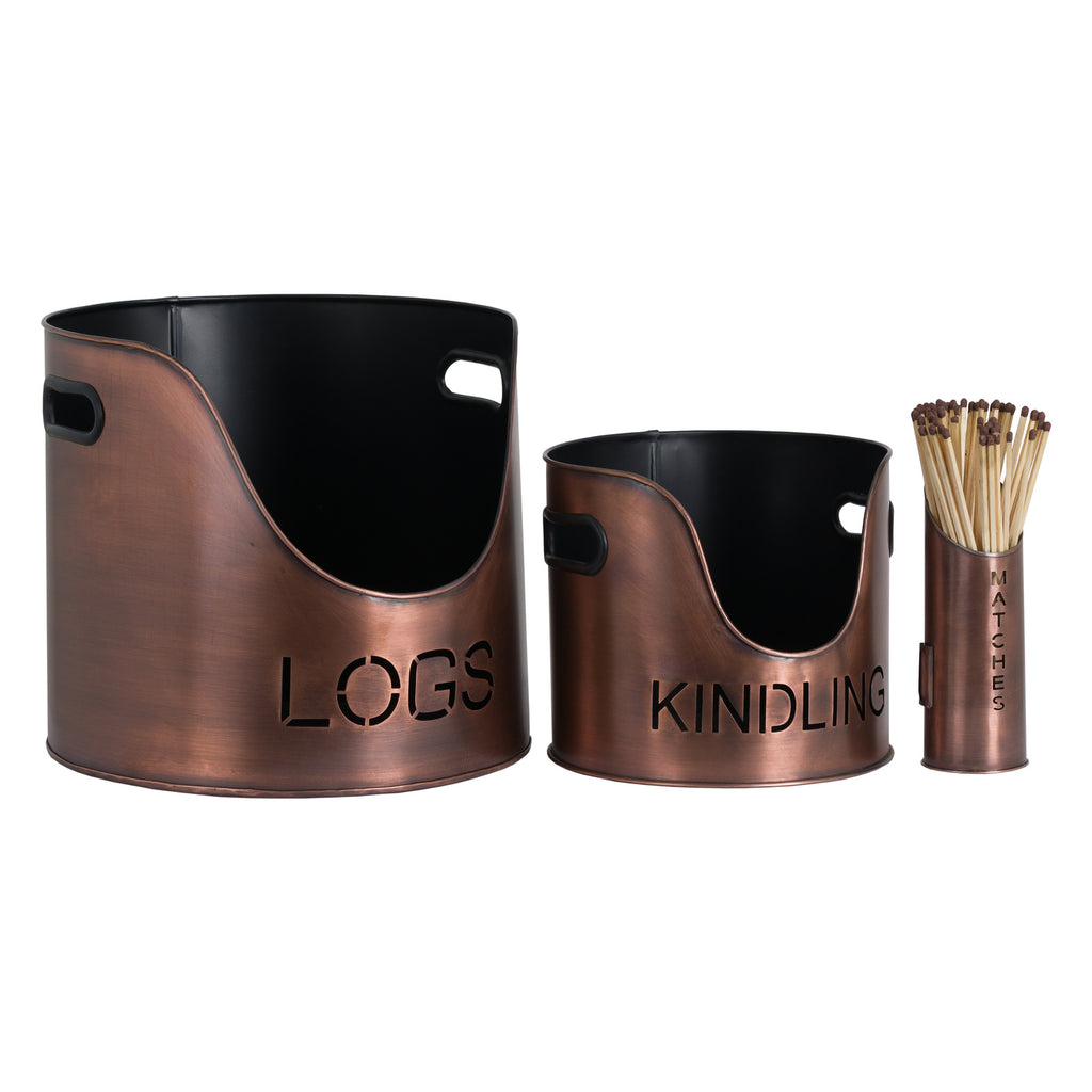 Copper Finish Logs and Kindling Buckets & Matchstick Holder - Copper
