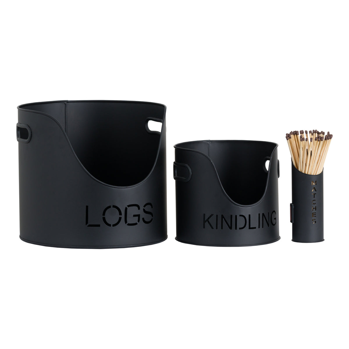 Black Finish Logs and Kindling Buckets & Matchstick Holder - Black