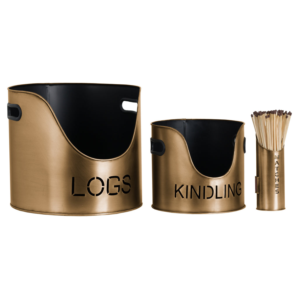 Bronze Finish Logs and Kindling Buckets & Matchstick Holder - Bronze