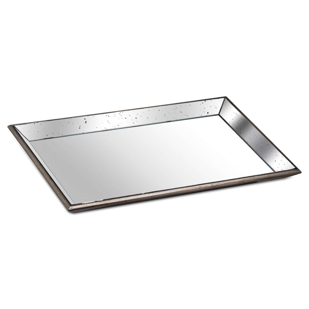 Astor Distressed Large Mirrored Tray with Wooden Detailing - Brown