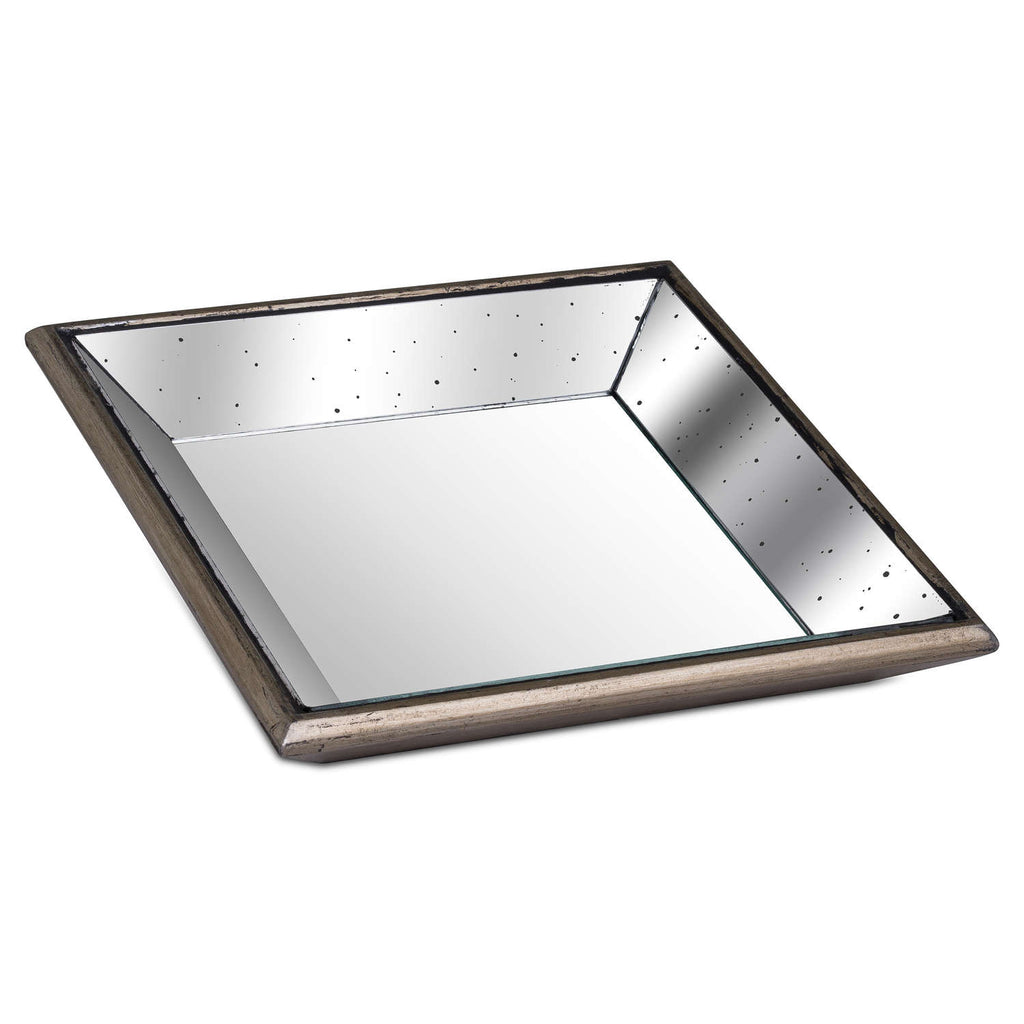 Astor Distressed Mirrored Square Tray W/Wooden Detailing Sml - Brown