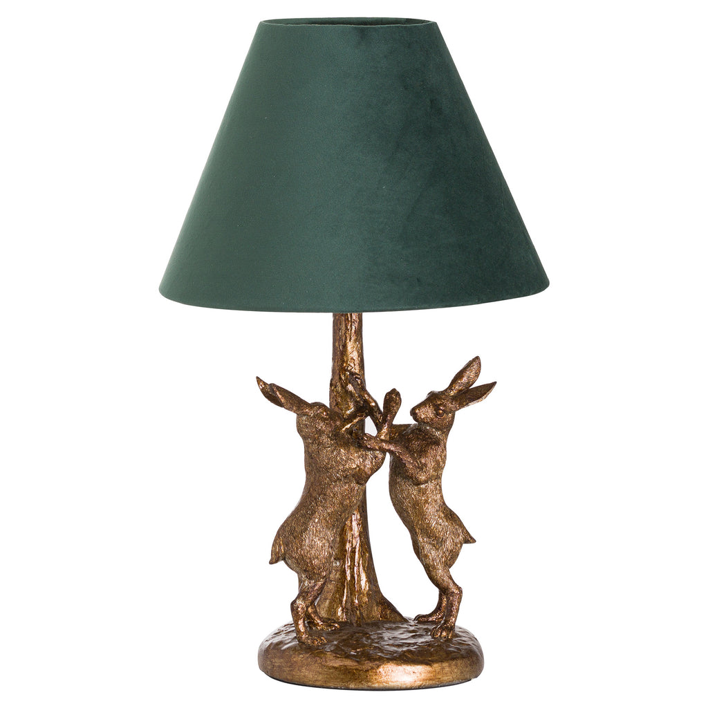 Antique Gold Marching Hares Lamp with Green Velvet Shade - Gold