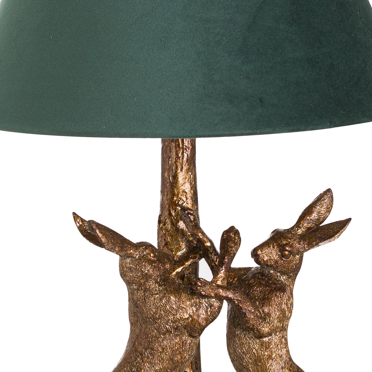 Antique Gold Marching Hares Lamp with Green Velvet Shade - Gold