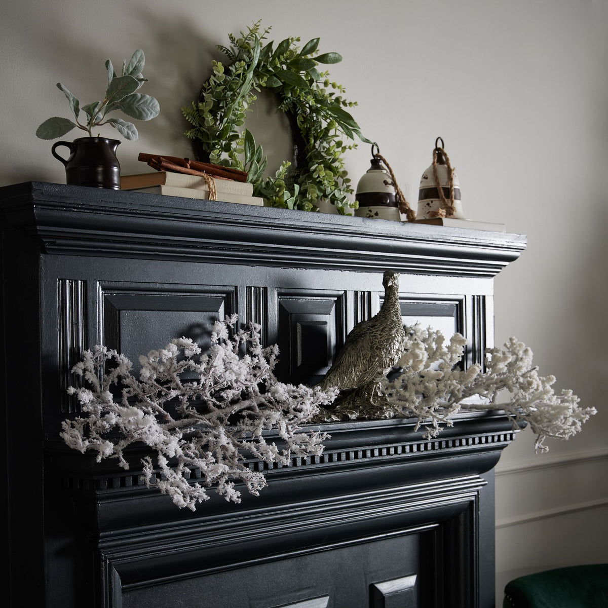 Snowy Winter Woodland Branch with Pinecones - White