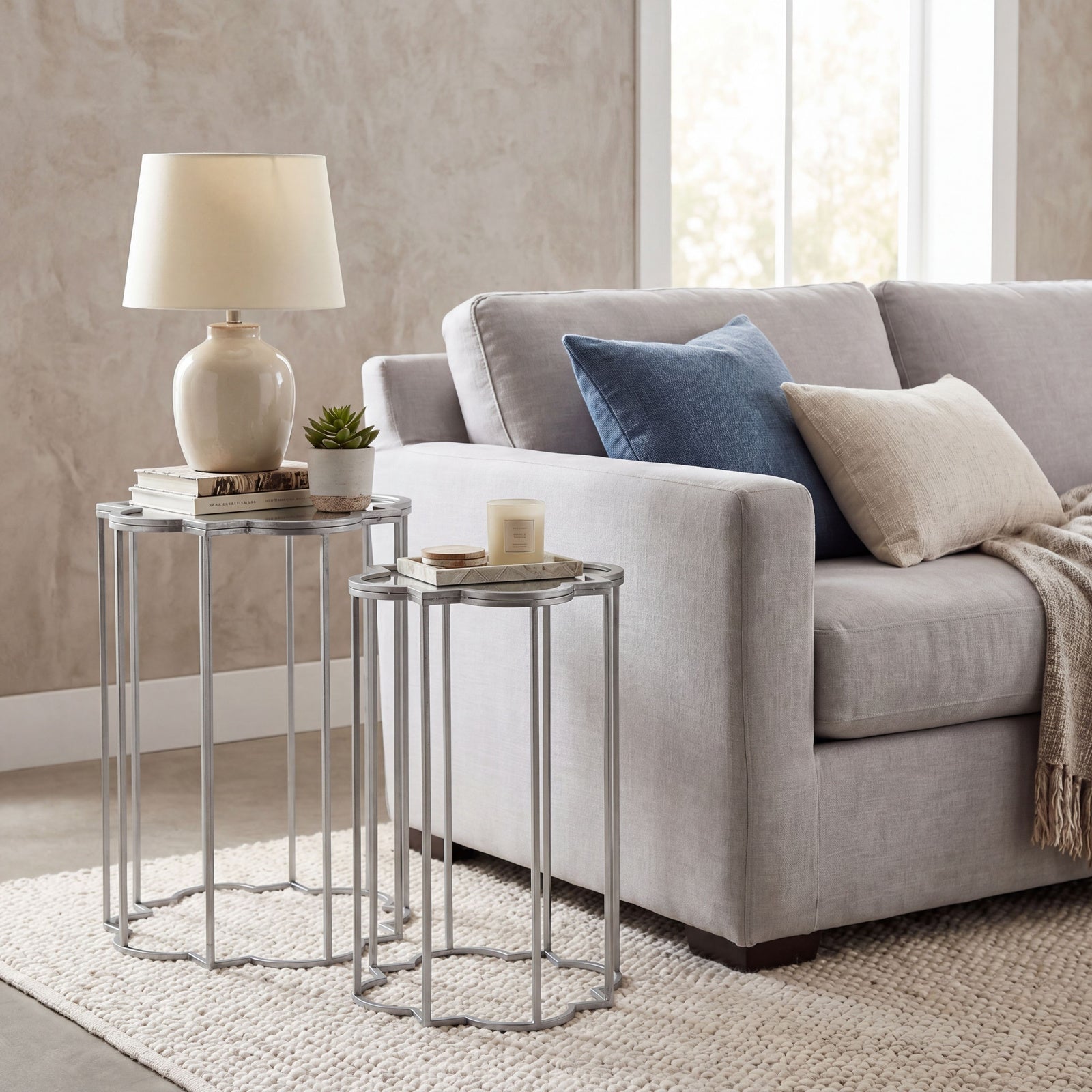 Quarter Foil Mirrored Set of Two Side Tables