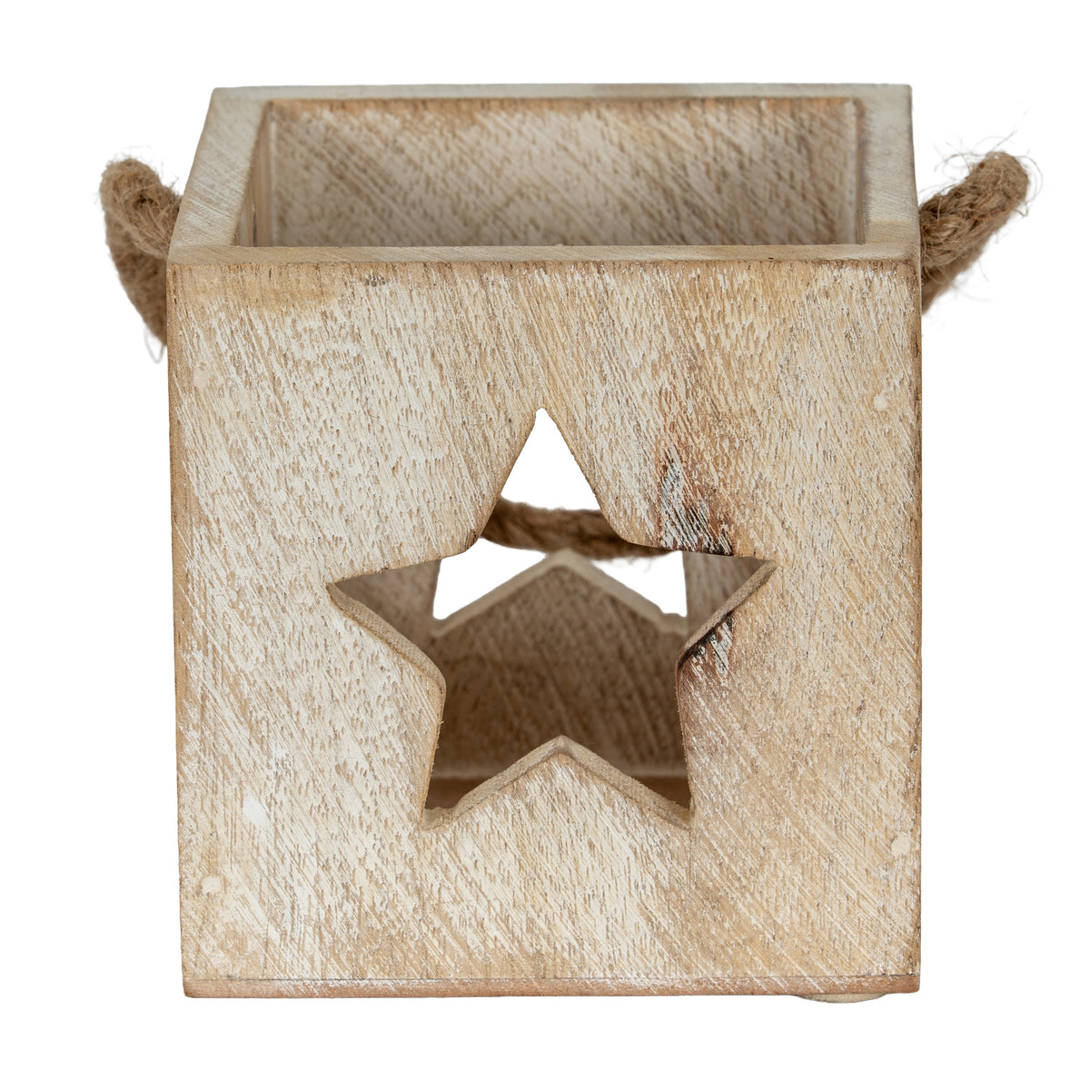 Washed Wood Large Star Tealight Candle Holder - White