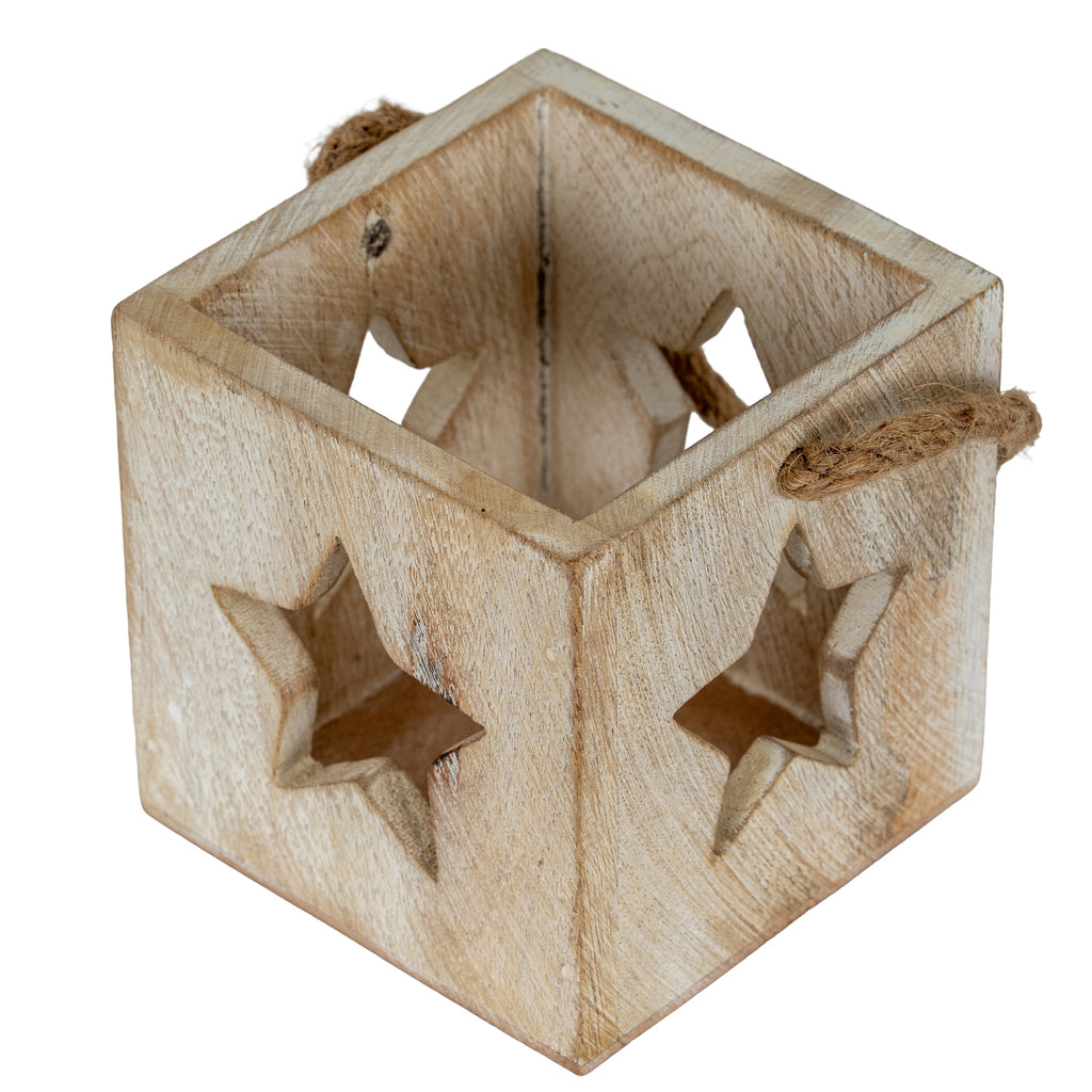 Washed Wood Large Star Tealight Candle Holder - White