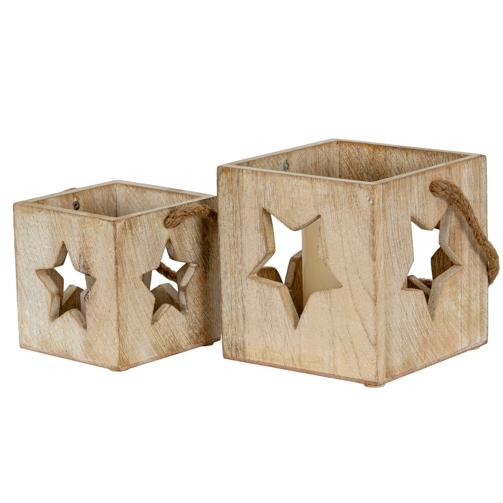 Washed Wood Star Tealight Candle Holder - White