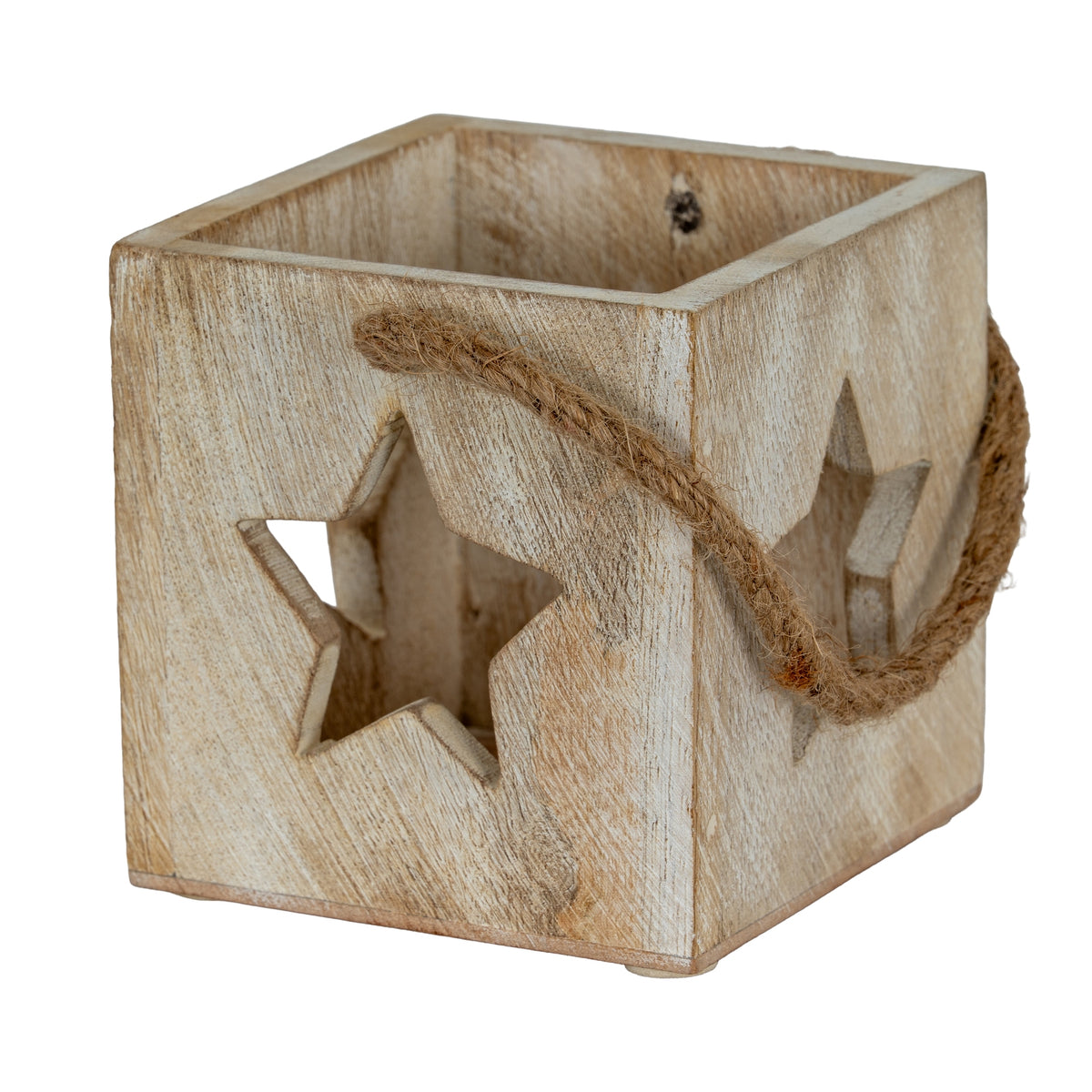 Washed Wood Large Star Tealight Candle Holder - White