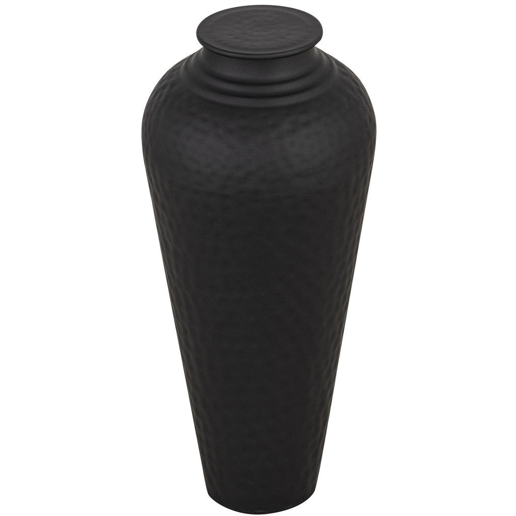 Matt Black Hammered Vase with Lid - Black