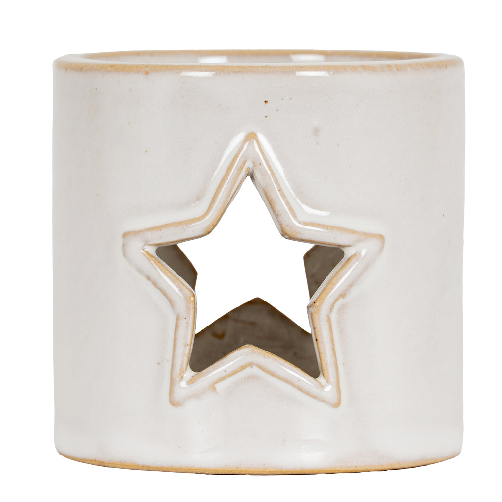 White Ceramic Star Cut-Out Square Tealight Holder - White