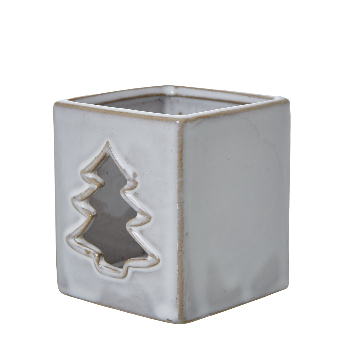 White Ceramic Tree Cut-Out Square Tealight Holder - White
