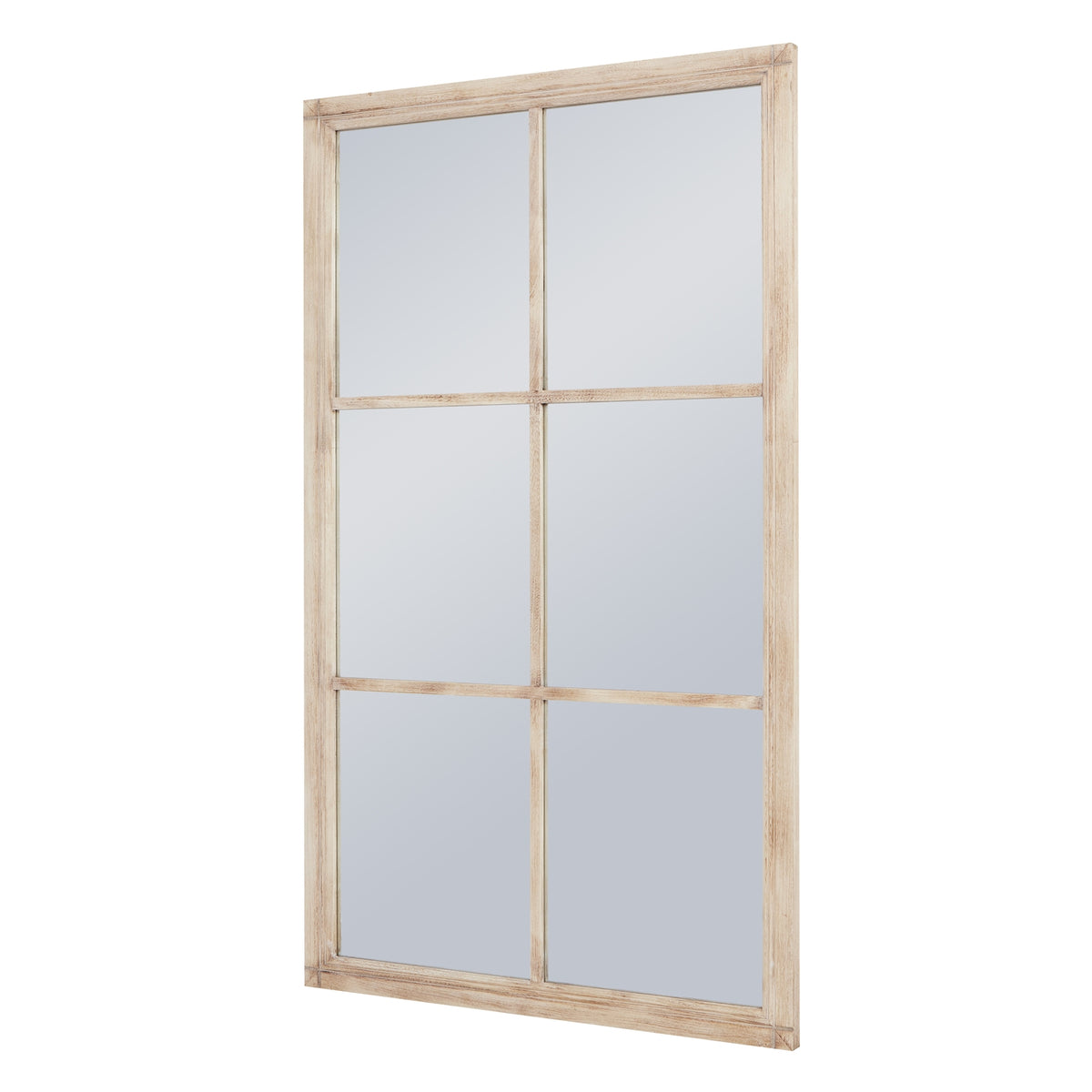 Large Washed Wood Framed Window Mirror - Brown