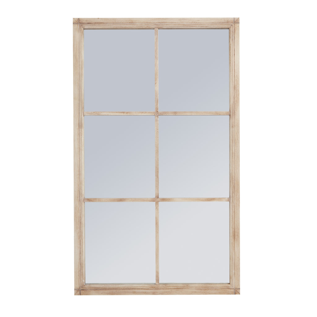 Large Washed Wood Framed Window Mirror - Brown