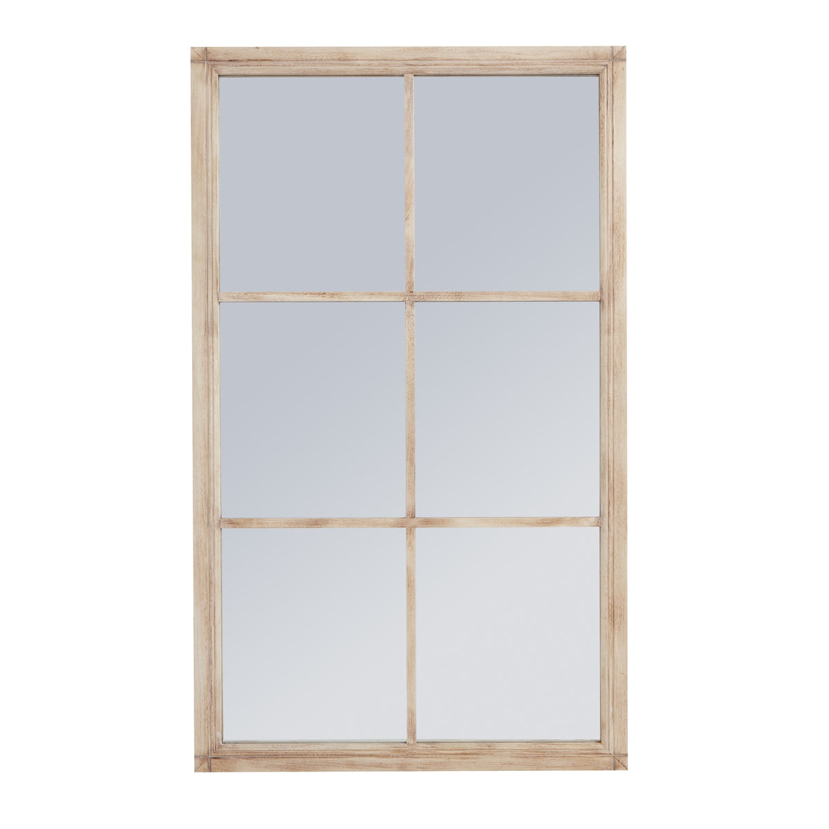 Large Washed Wood Framed Window Mirror - Brown