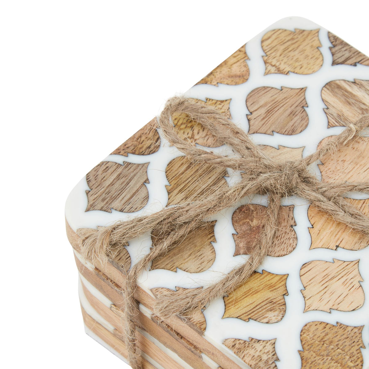 Set of 4 Wood Effect White Geometric Coasters