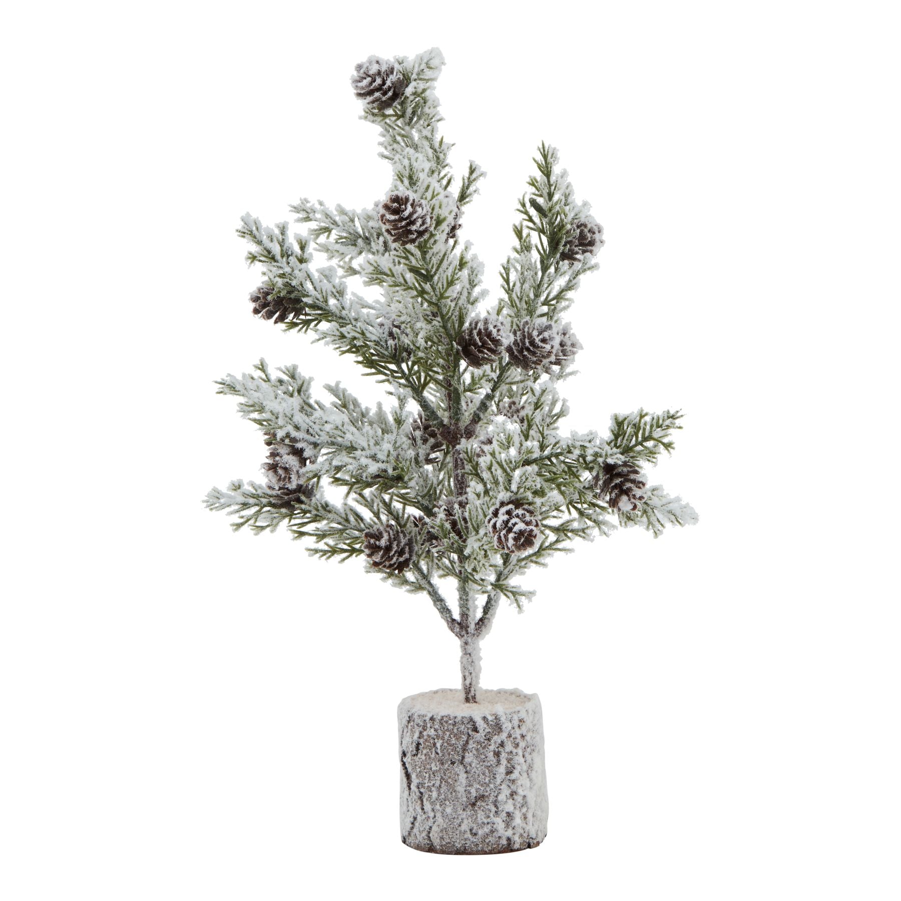 Small Snowy Fir Tree with Pinecones In Wood Log