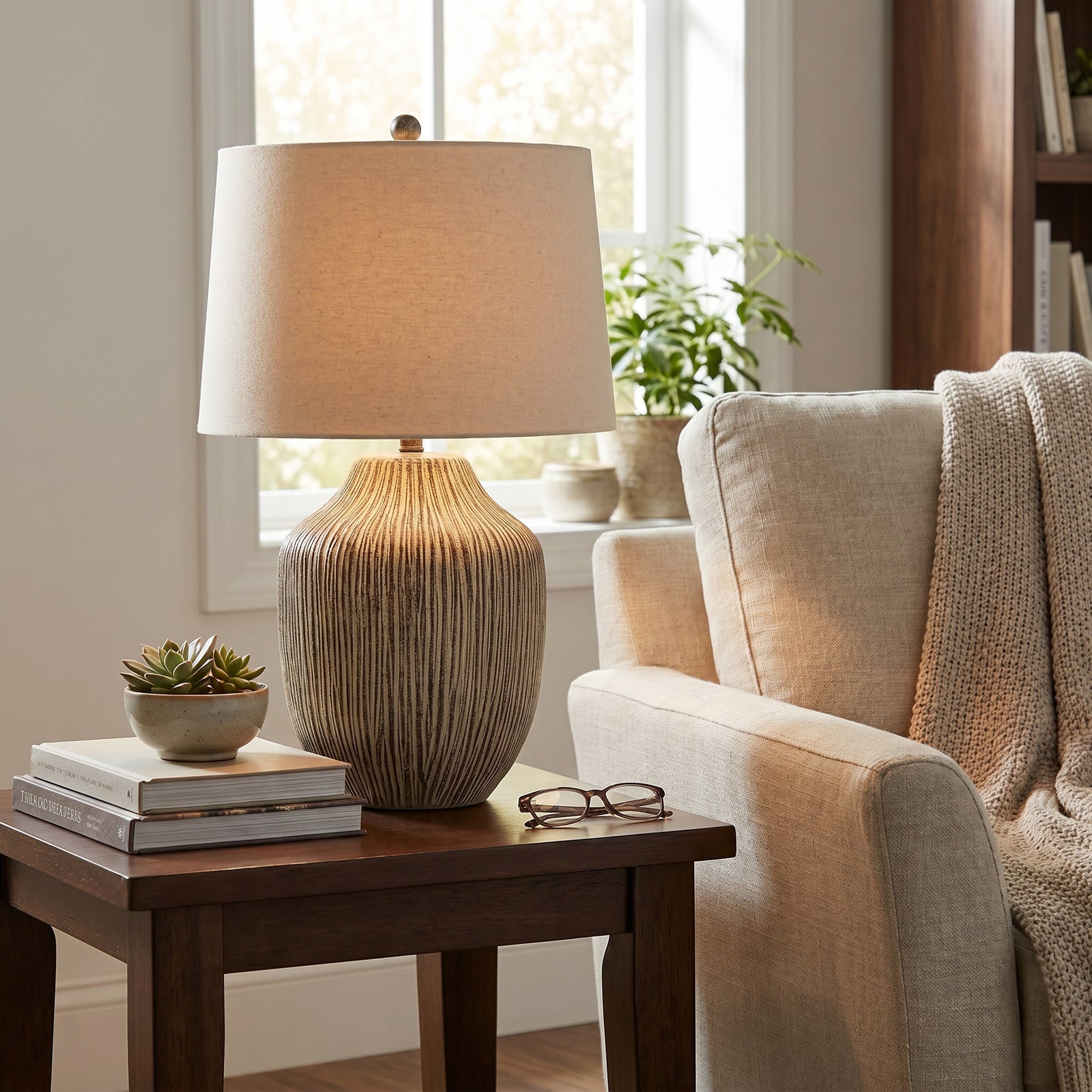 Ochre Carved Textured Table Lamp with Linen Shade
