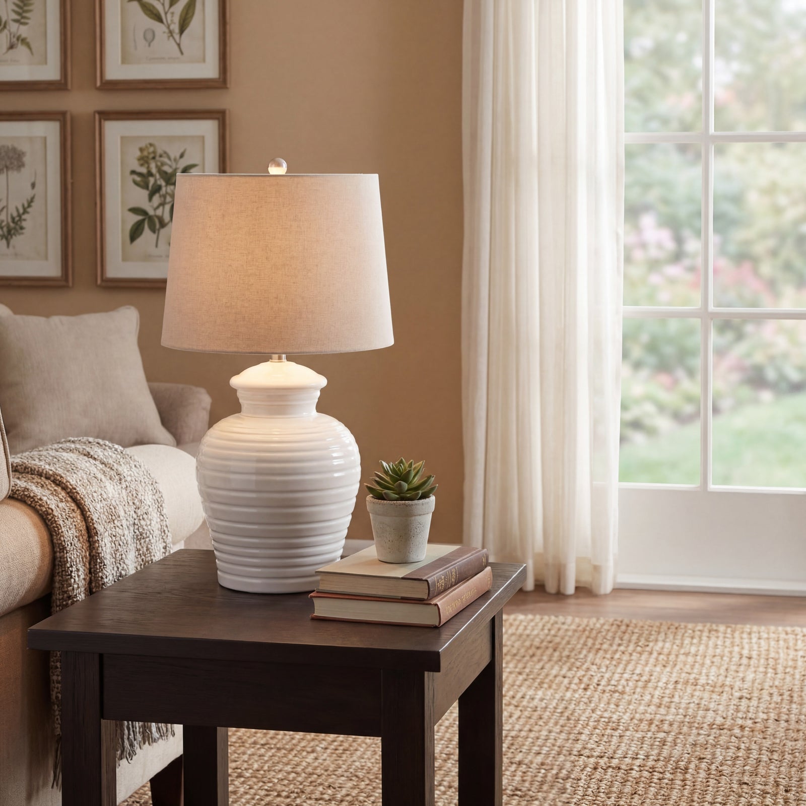 White Ceramic Pot Lamp with Linen Shade