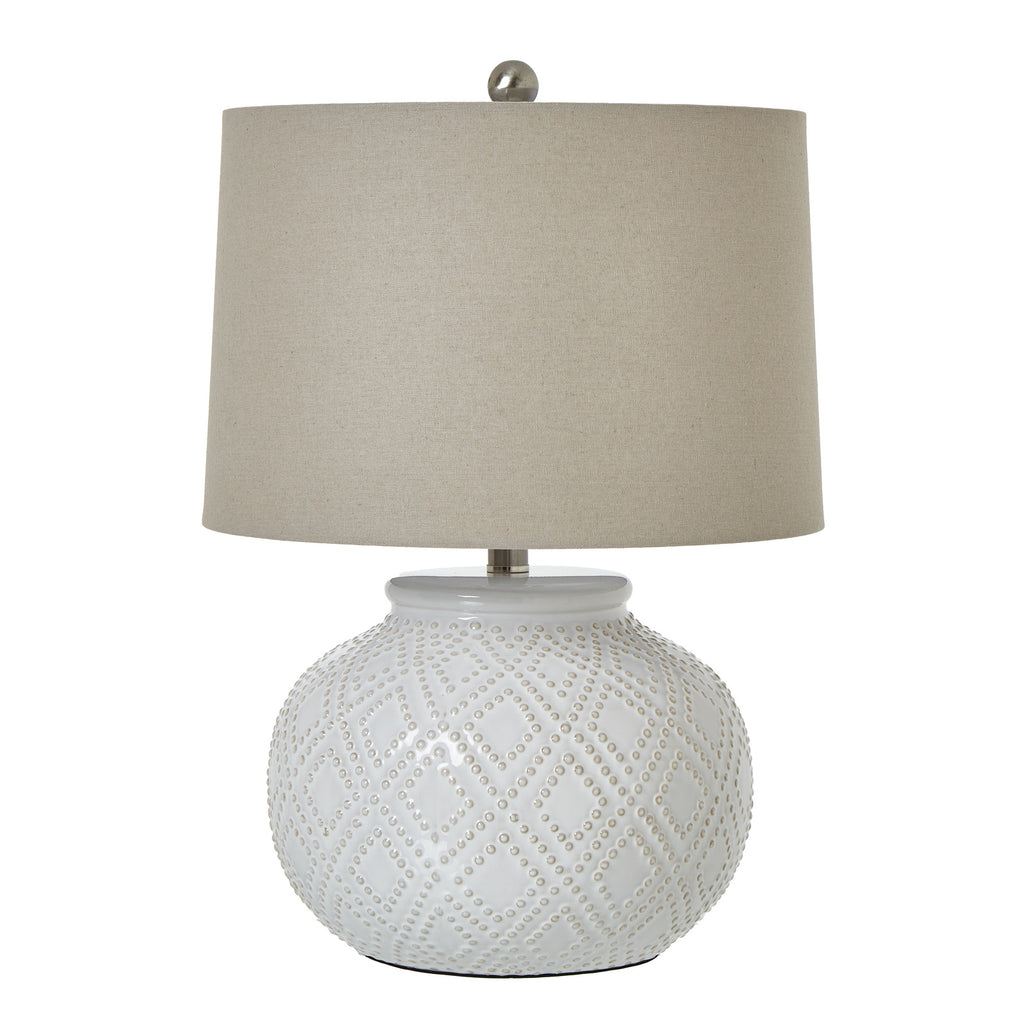 Squat White Beaded Ceramic Lamp with Linen Shade - White