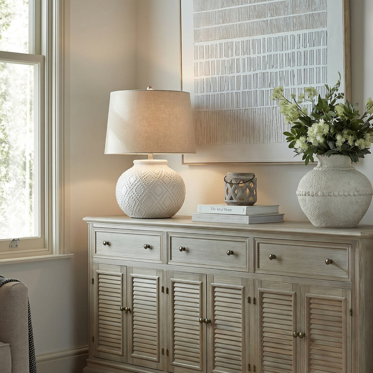 Squat White Beaded Ceramic Lamp with Linen Shade - White