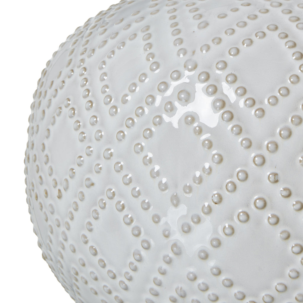 Squat White Beaded Ceramic Lamp with Linen Shade - White