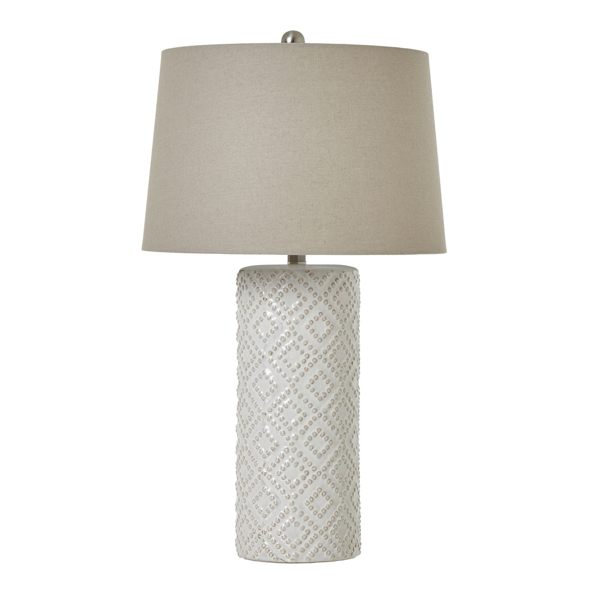 White Beaded Ceramic Lamp with Linen Shade - White