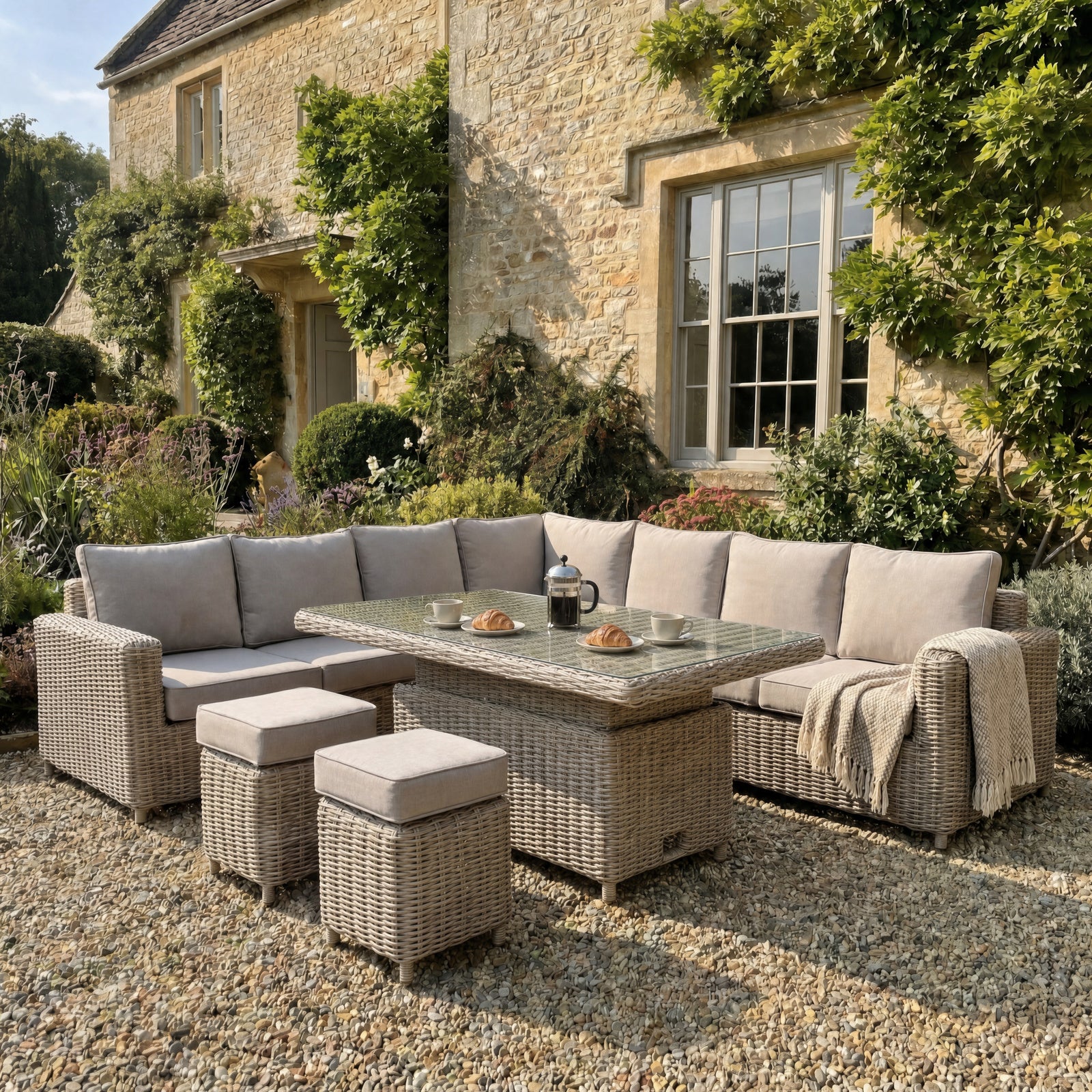 Amalfi Outdoor Large Corner Set with Riser Table + 2 Stools