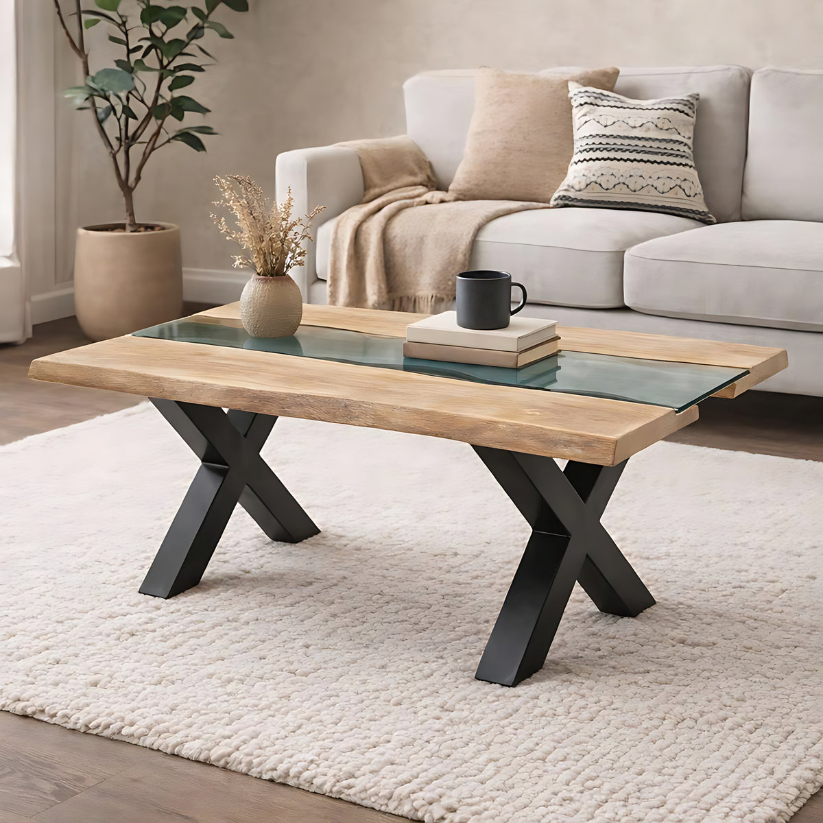 Live Edge Collection Light Acacia River Coffee Table - Black