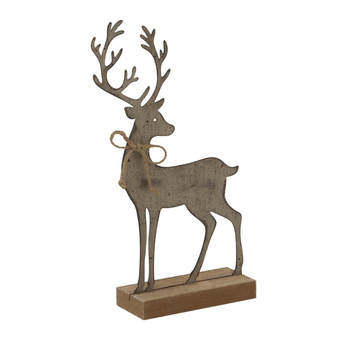Large Rustic Metal Reindeer On Wood Stand - Brown