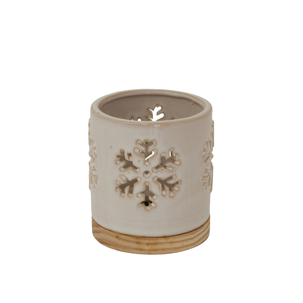 Alora Ceramic Snowflake Candle Holder On Wood Base - White