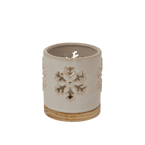 Alora Ceramic Snowflake Candle Holder On Wood Base - White