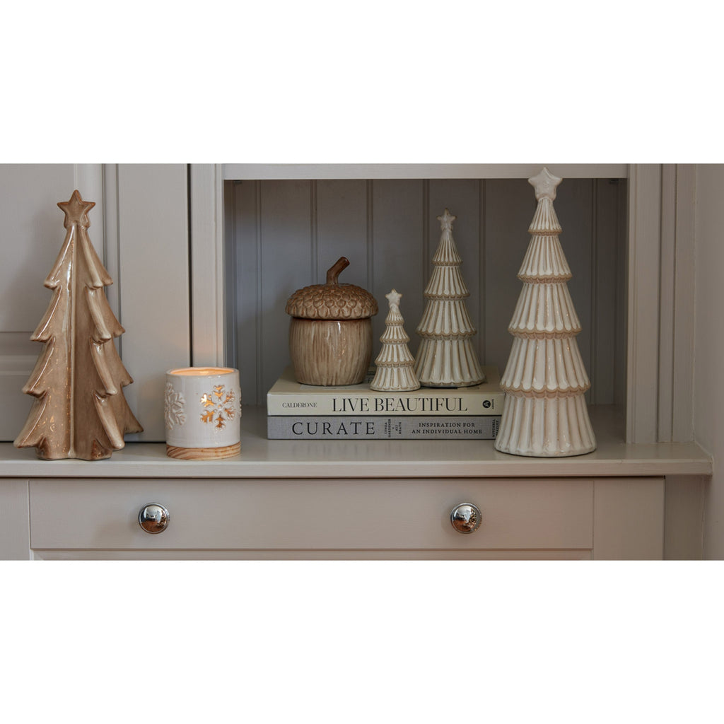 Alora Ceramic Snowflake Candle Holder On Wood Base - White