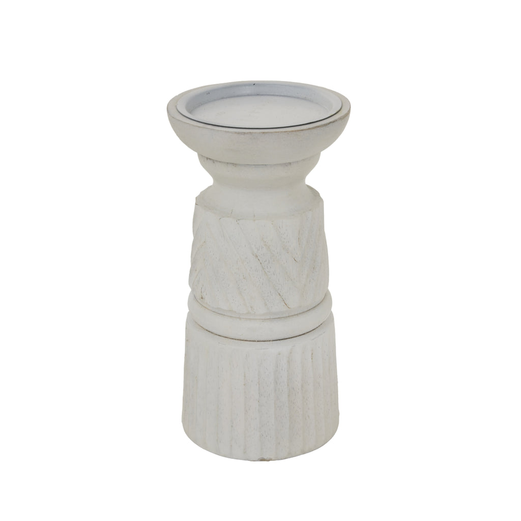 Large White Carved Candle Holder - White