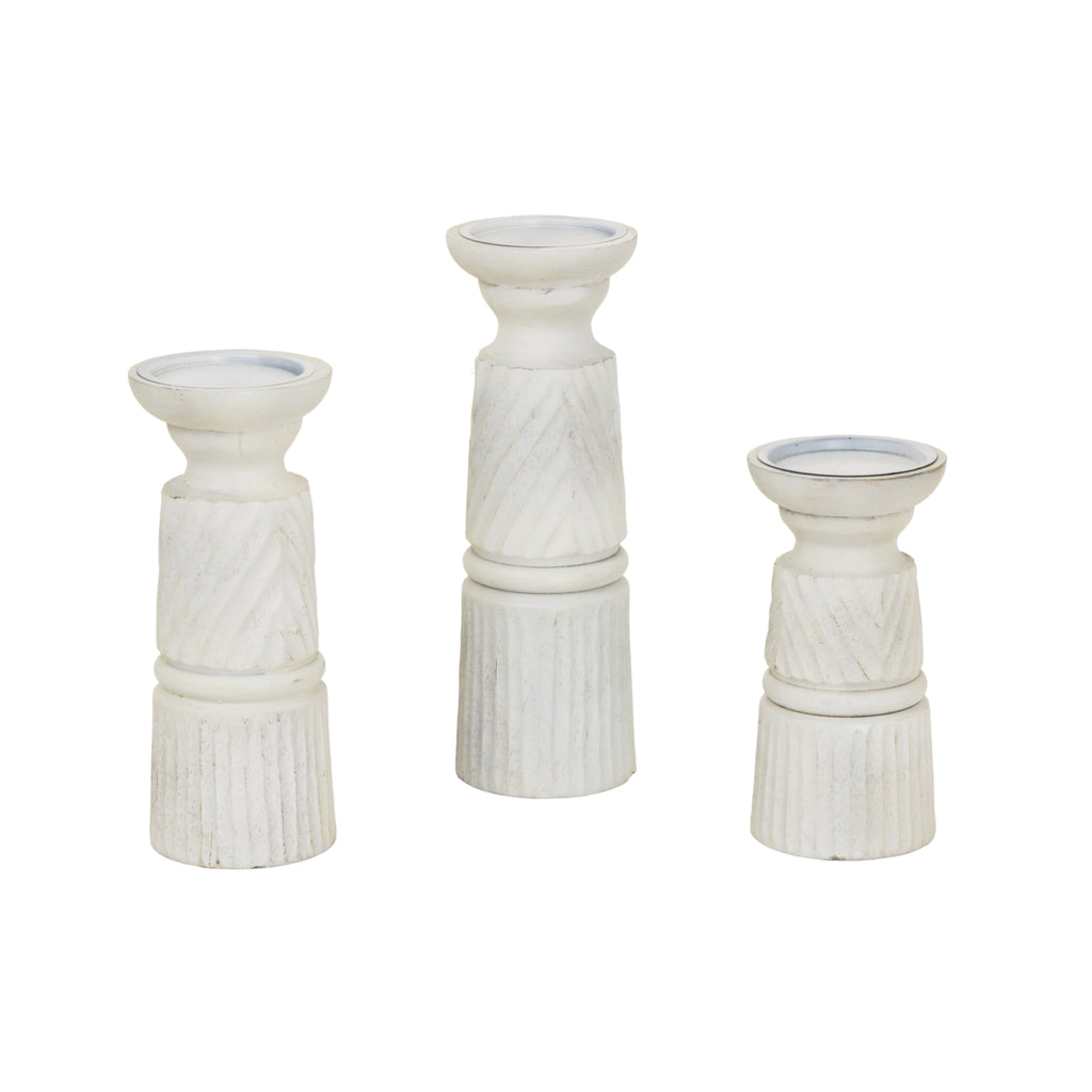 Large White Carved Candle Holder - White