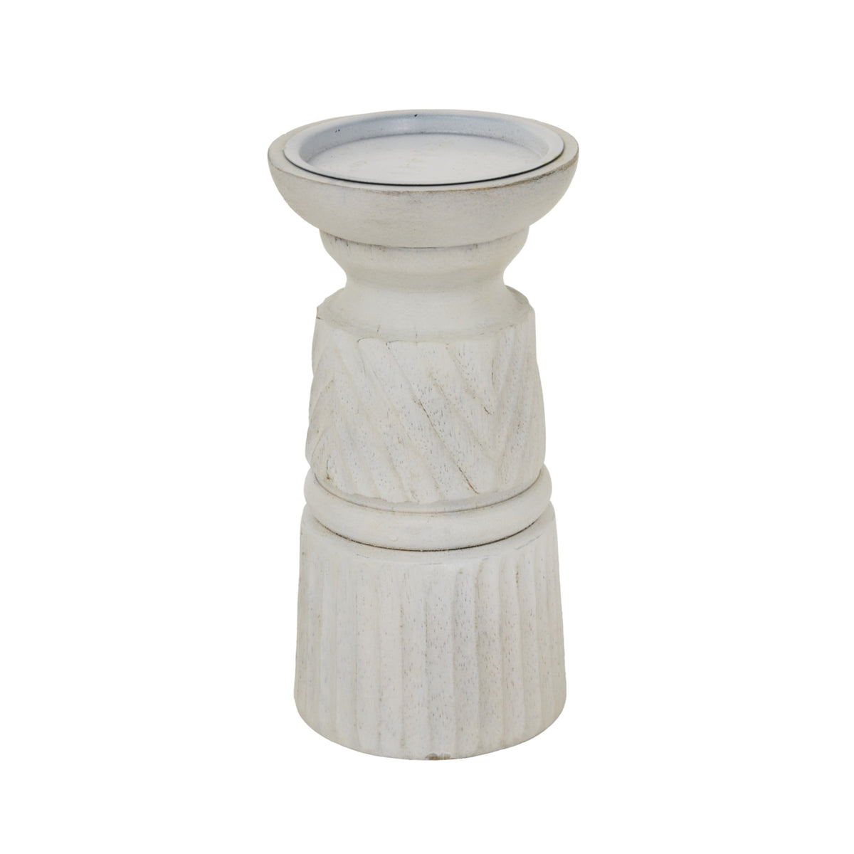 Large White Carved Candle Holder - White