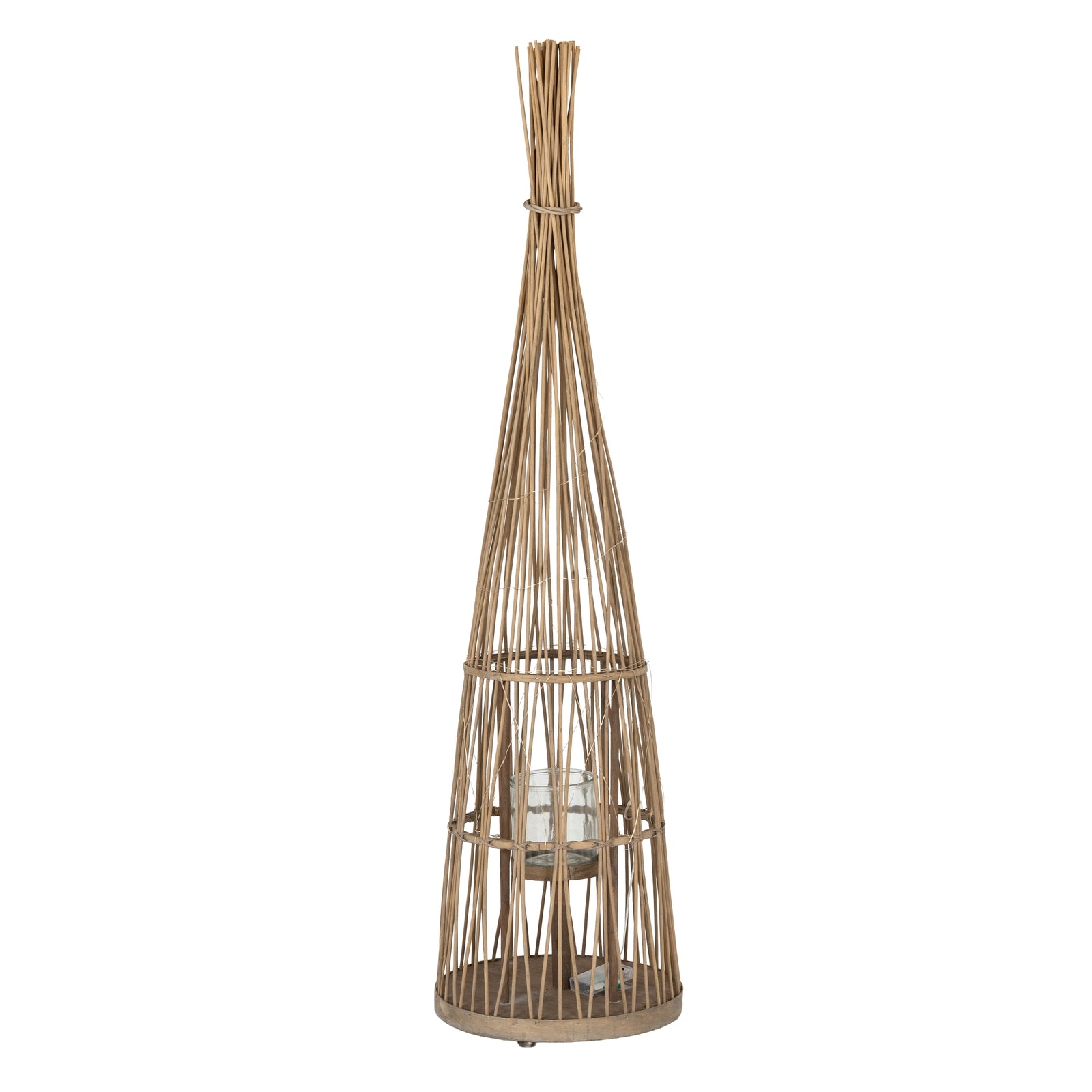 Large Conical Wicker Lantern with Glass Holder & Led Lights