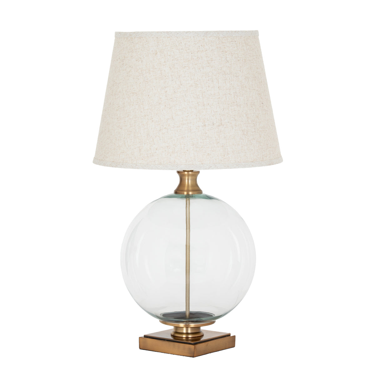 Lunel Glass Orb Table Lamp with Edged Linen Shade - Brass