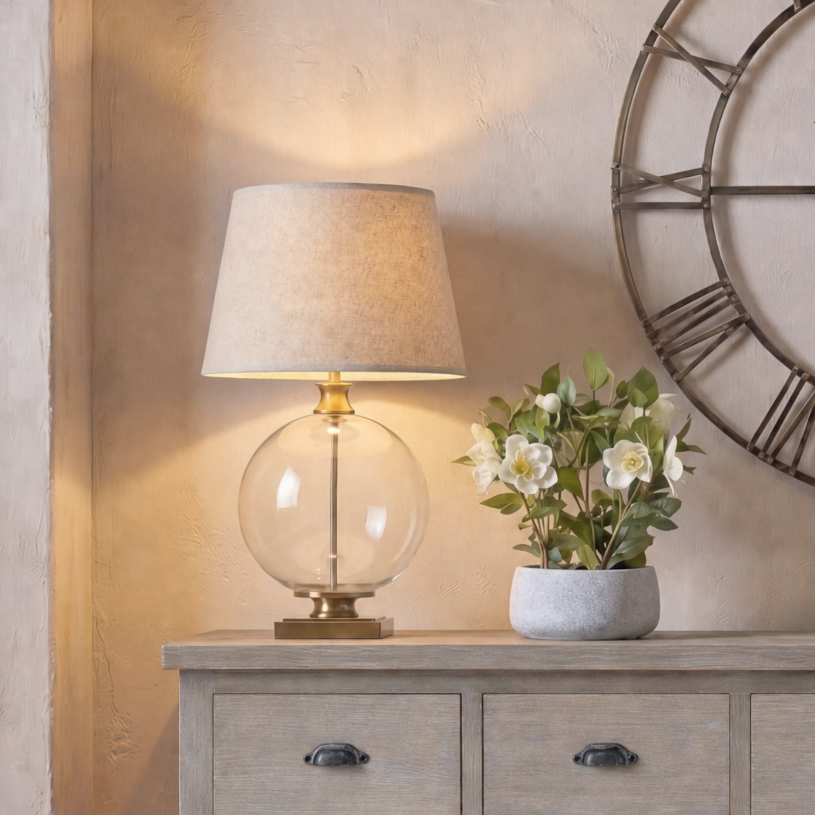 Lunel Glass Orb Table Lamp with Edged Linen Shade