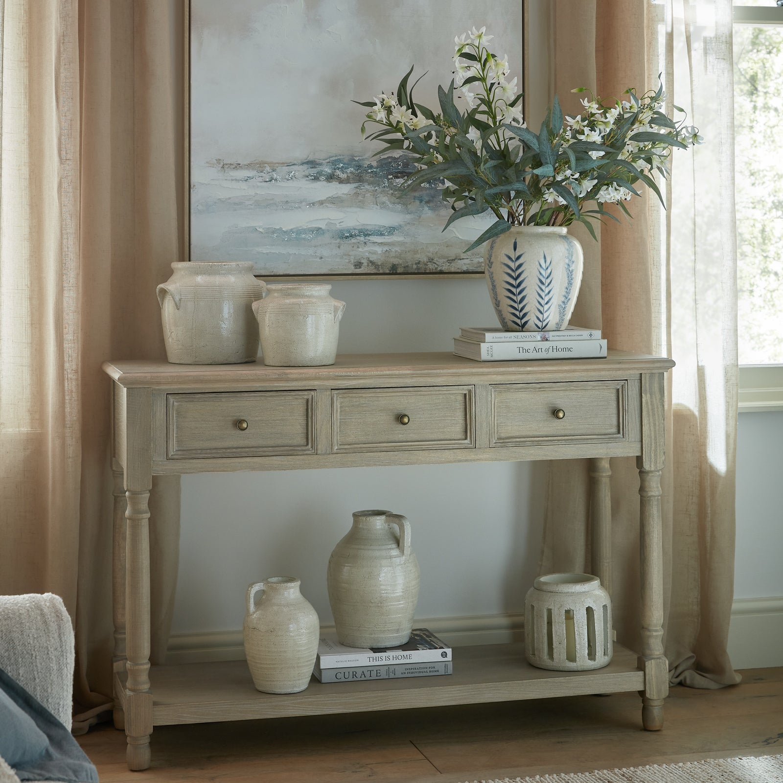 Delphine Collection Three Drawer Console with Shelf