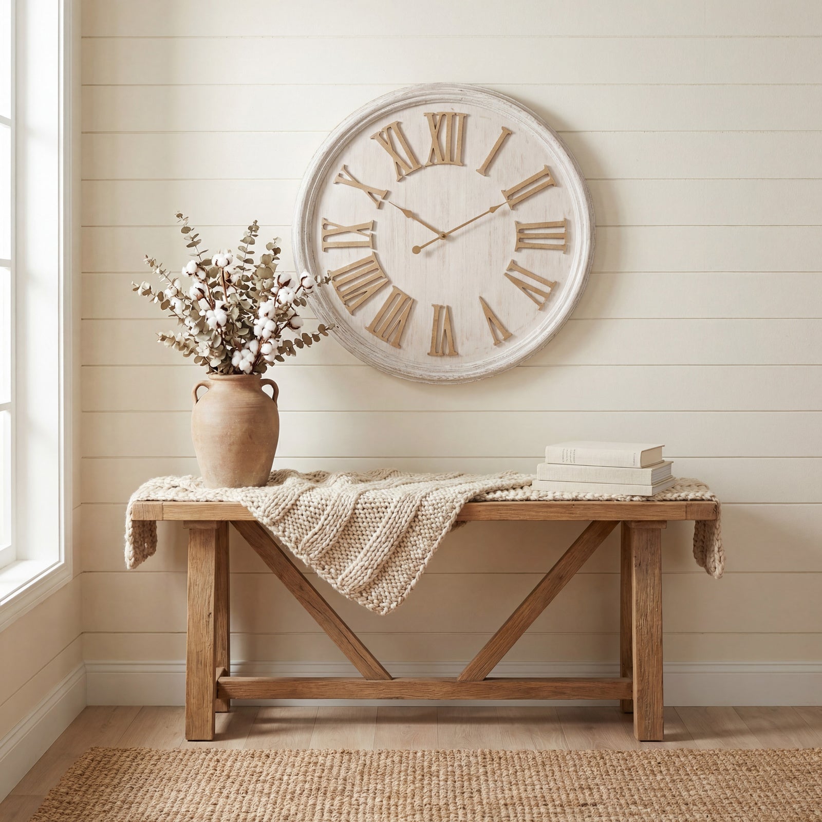 White Wash Clock with Wooden Numerals