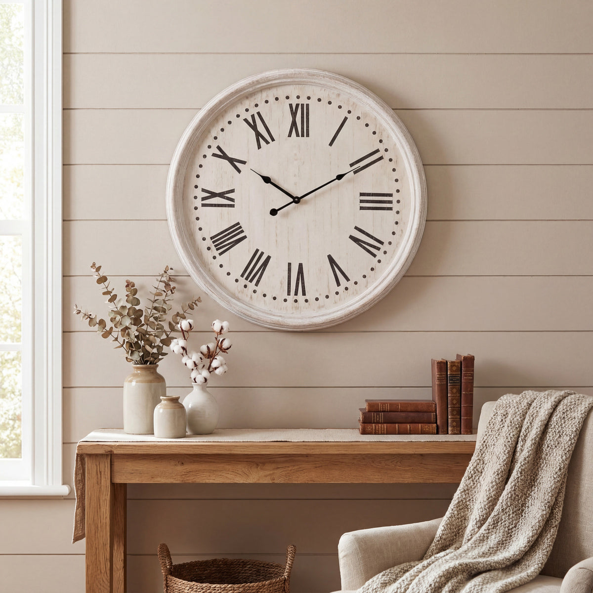 White Wash Clock with Black Numerals - White