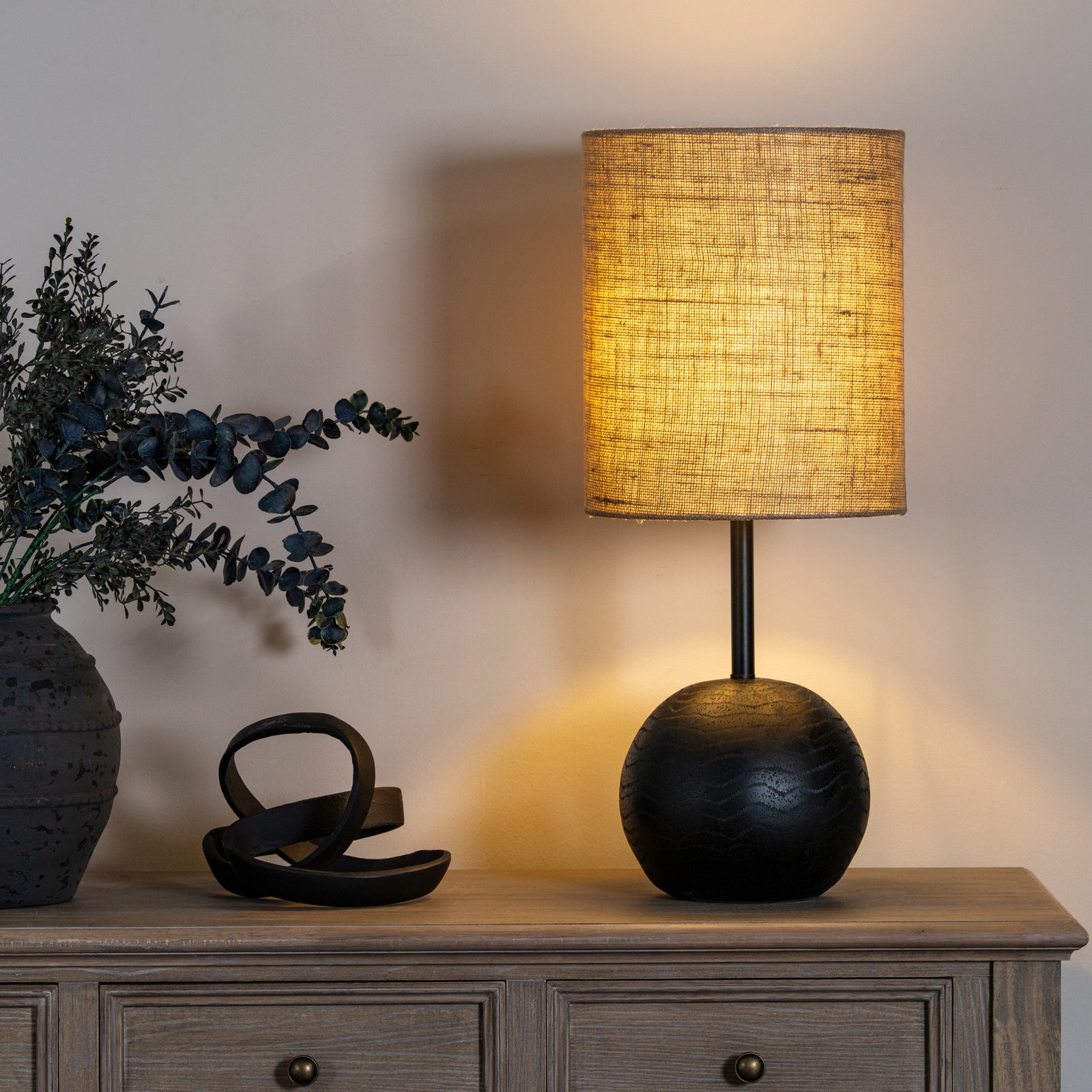 Black Cannon Table Lamp with Hessian Shade