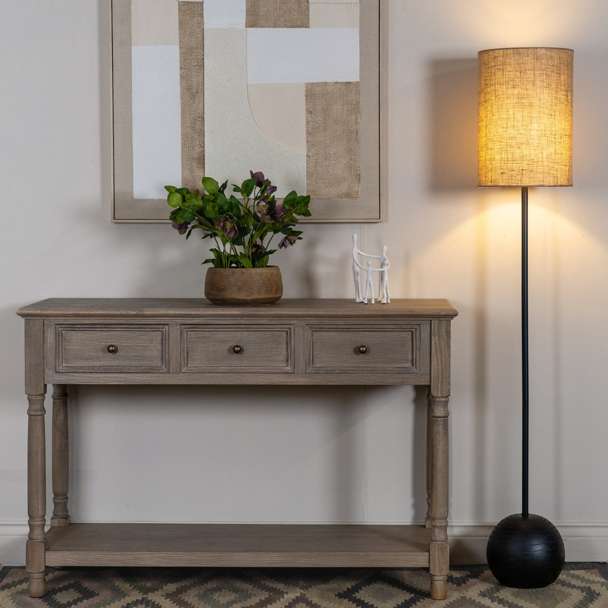 Black Cannon Floor Lamp with Hessian Shade - Black