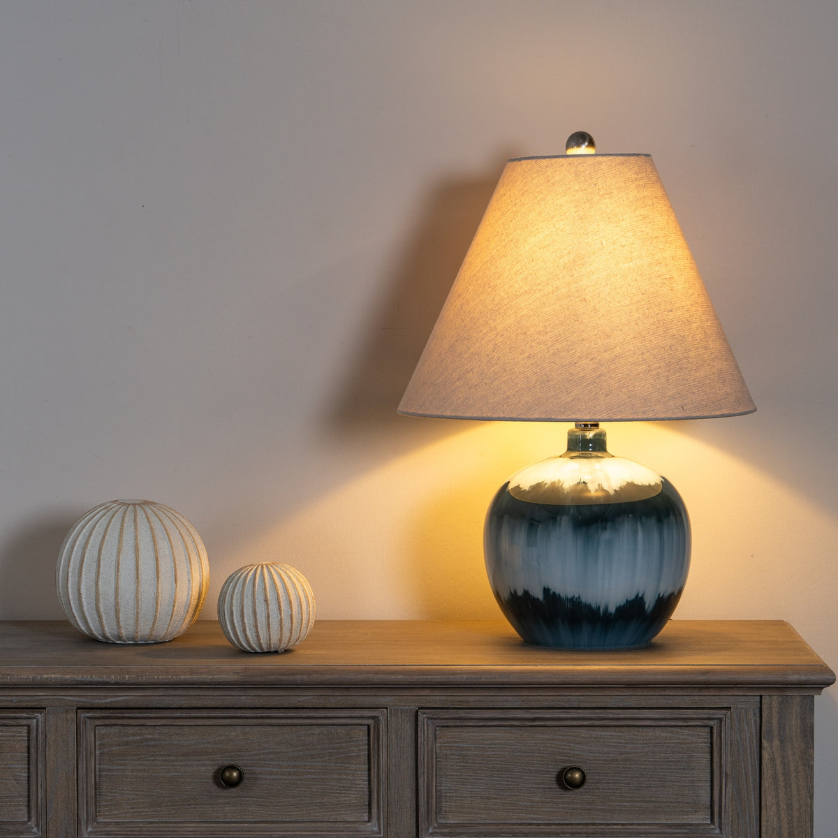 Ocean Shadows Squat Table Lamp with Linen Shade - Blue
