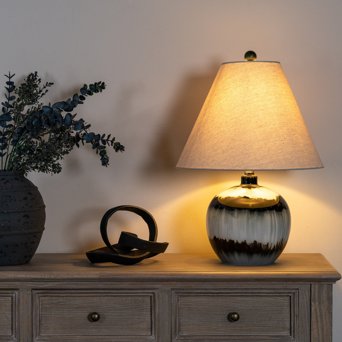 Midnight Shadows Squat Table Lamp with Linen Shade - Black