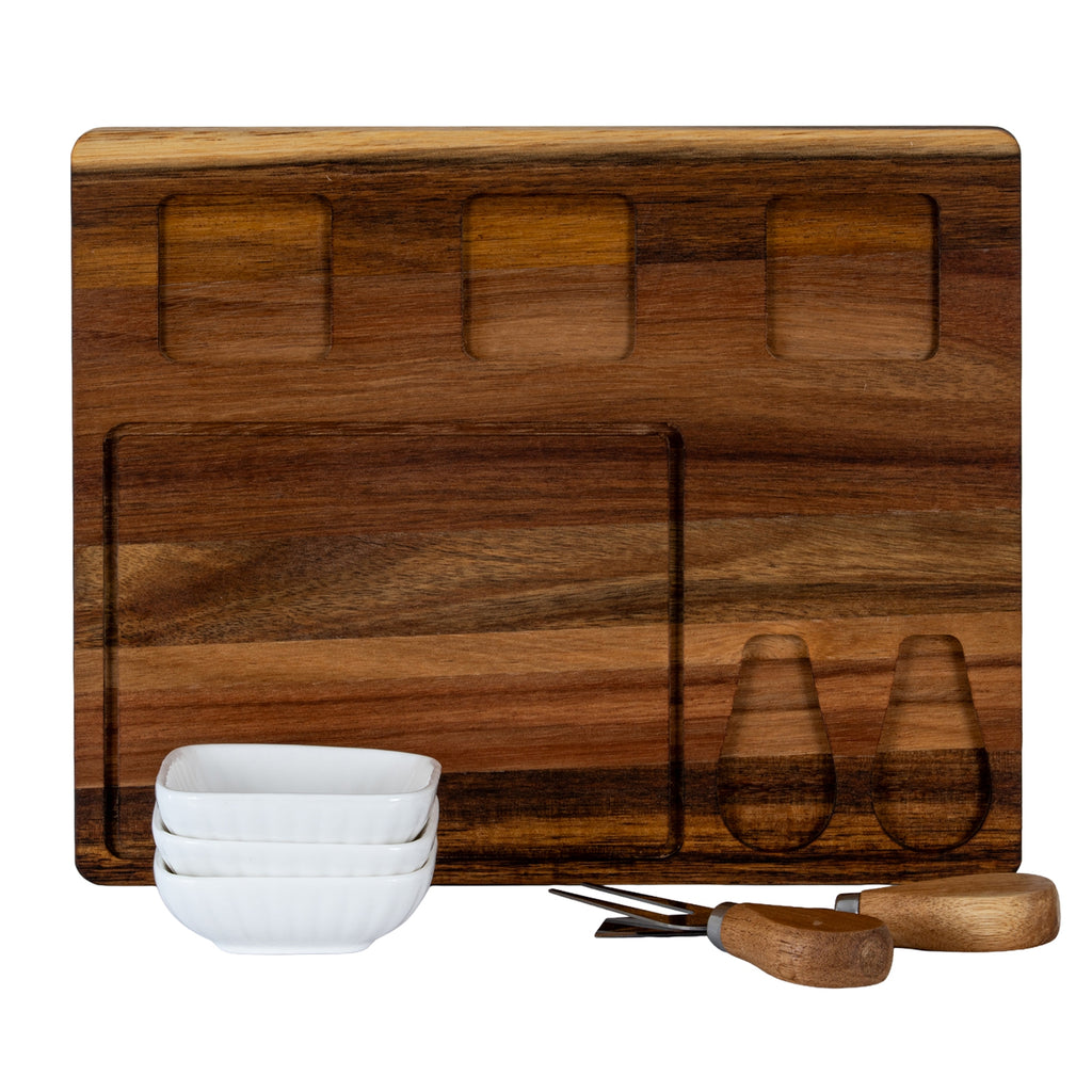 Acacia Cheese Board Set with White Ceramic Bowls and Cutlery - Brown