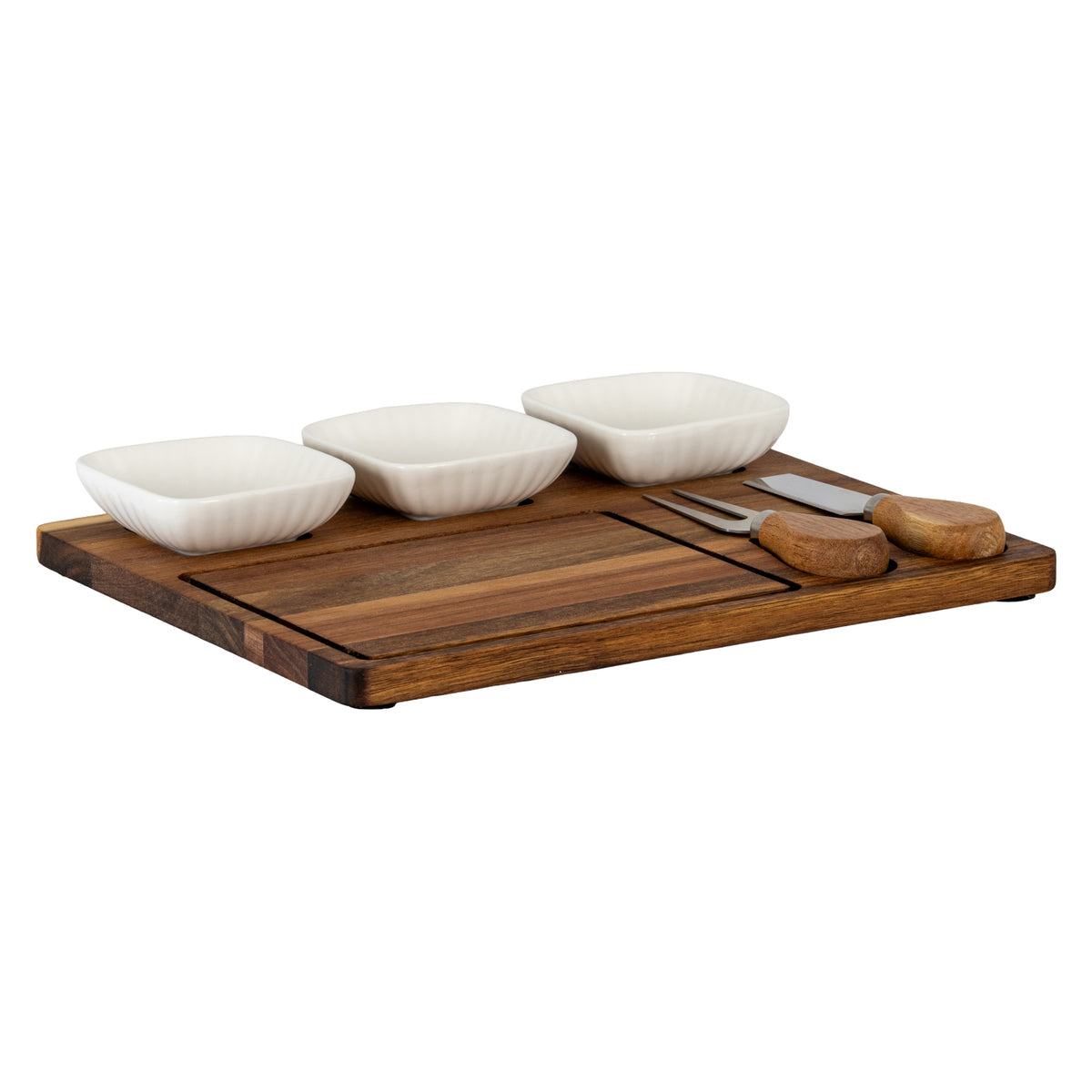 Acacia Cheese Board Set with White Ceramic Bowls and Cutlery - Brown